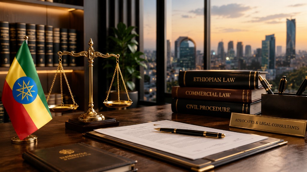 Desk at Elizabeth Tesfaye Law Office overlooking Addis Ababa